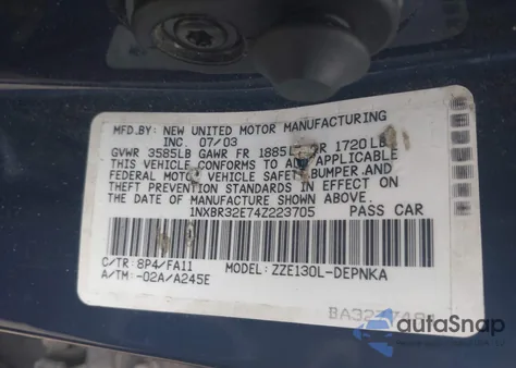 2004 Toyota Corolla Le из США, поврежденный, VIN 1NXBR32E74Z223705